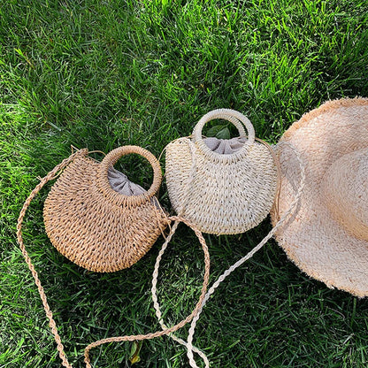 Half-Round Woven Straw Beach Tote Bag