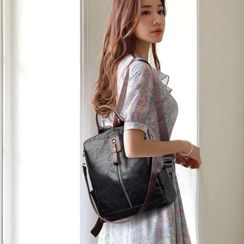 Women’s Anti-Theft PU Leather Travel Backpack