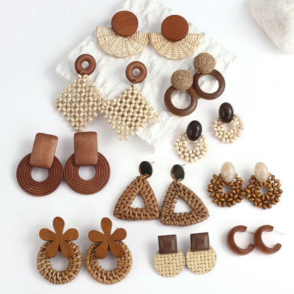 AENSOA Boho Handmade Geometric Wooden Drop Earrings
