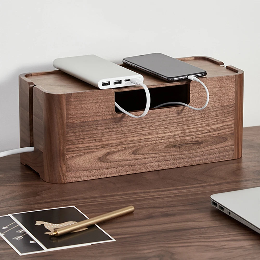 Black Walnut Wood Cable Storage Box Organizer