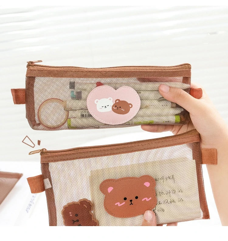 Cute Bear Transparent Mesh Pencil Case