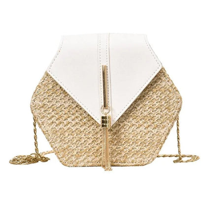 Hexagon Straw+leather Handbag