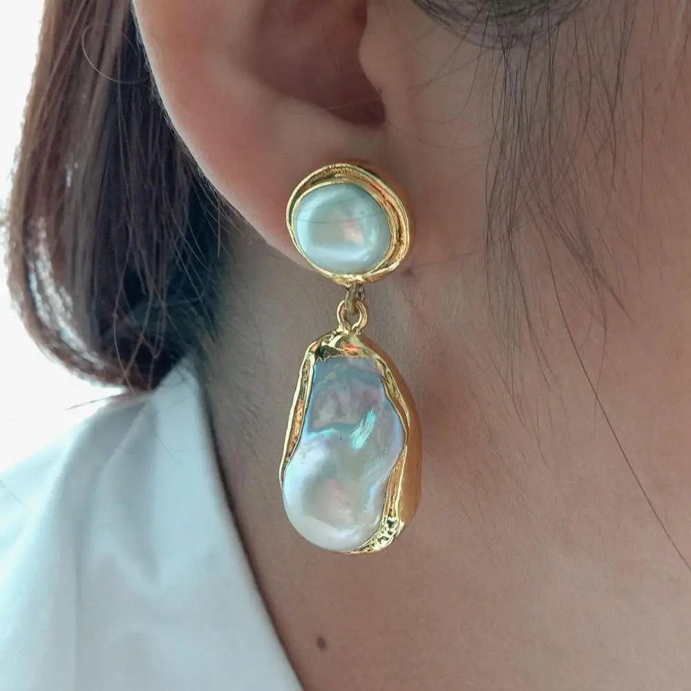 White Baroque Pearl Gold Stud Earrings
