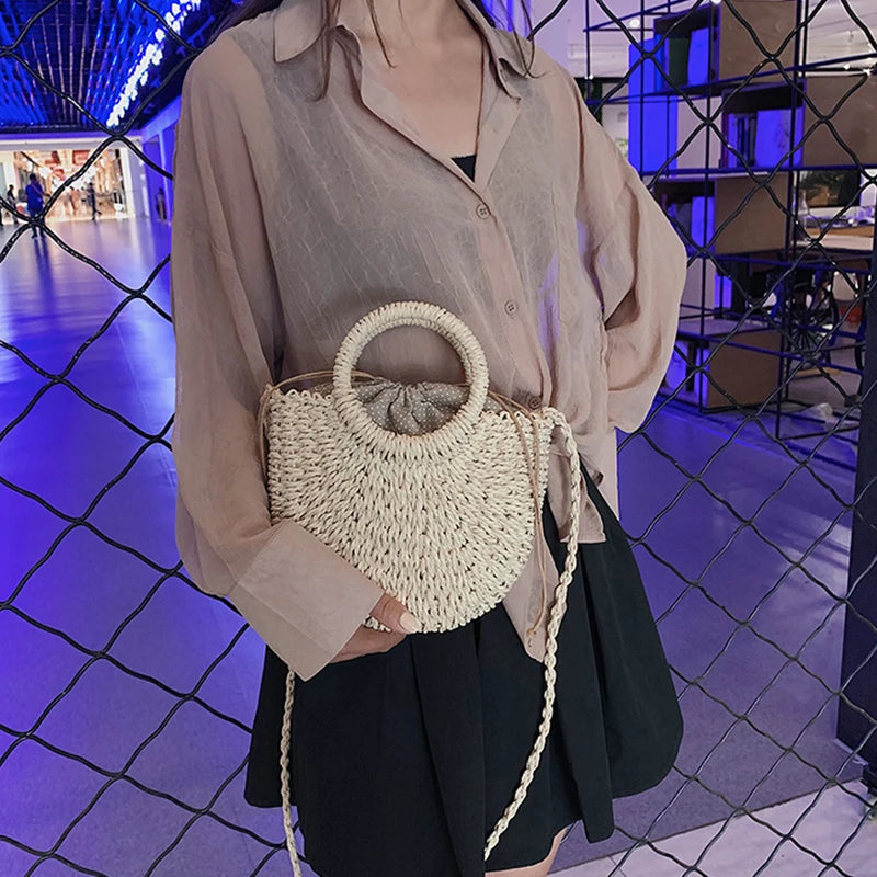 Half-Round Woven Straw Beach Tote Bag