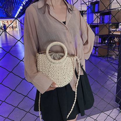 Half-Round Woven Straw Beach Tote Bag