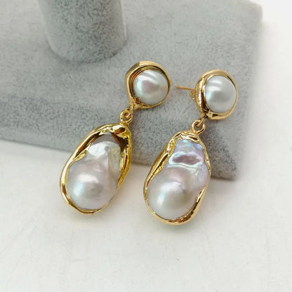 White Baroque Pearl Gold Stud Earrings