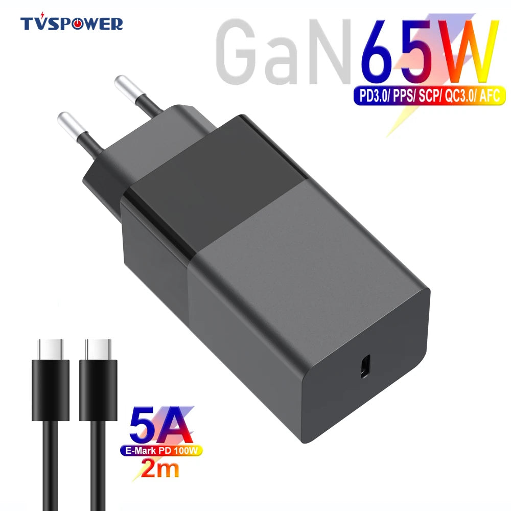 65W GaN USB-C PD Fast Charger for Laptops, Tablets & Smartphones