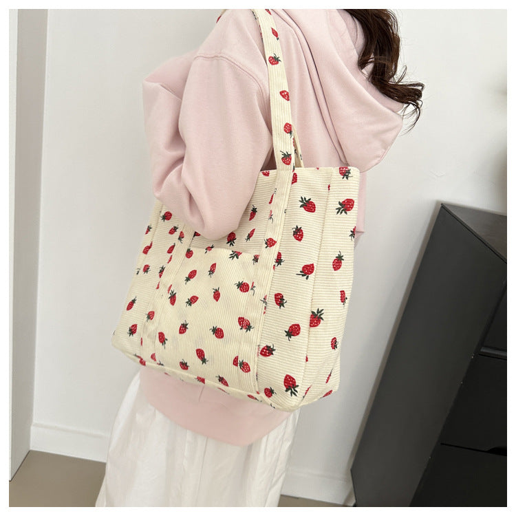 Corduroy Strawberry Print Tote Bag