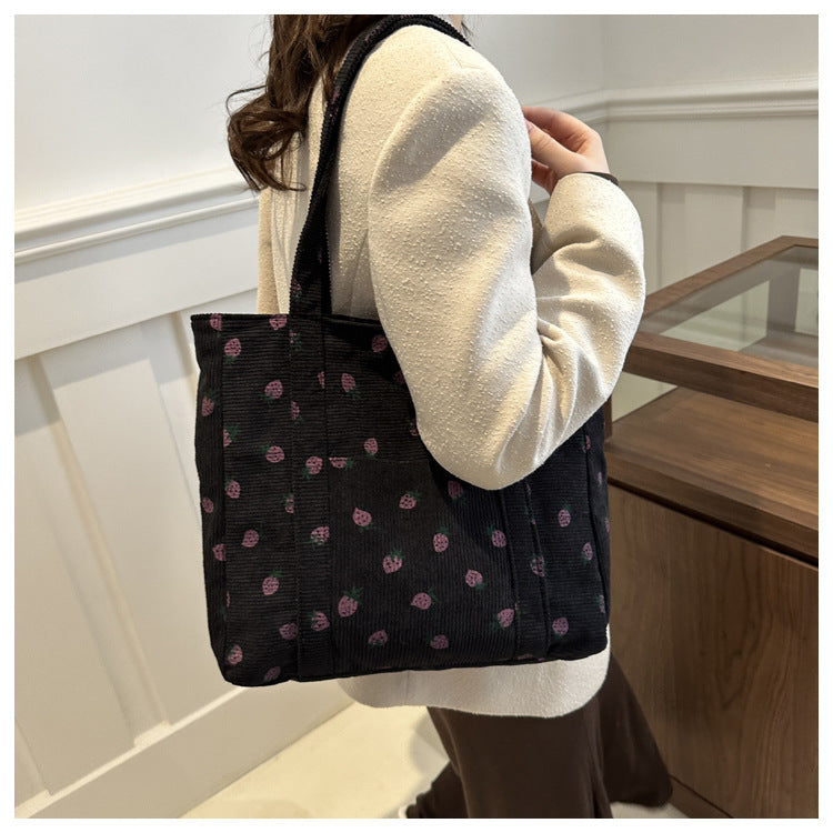 Corduroy Strawberry Print Tote Bag