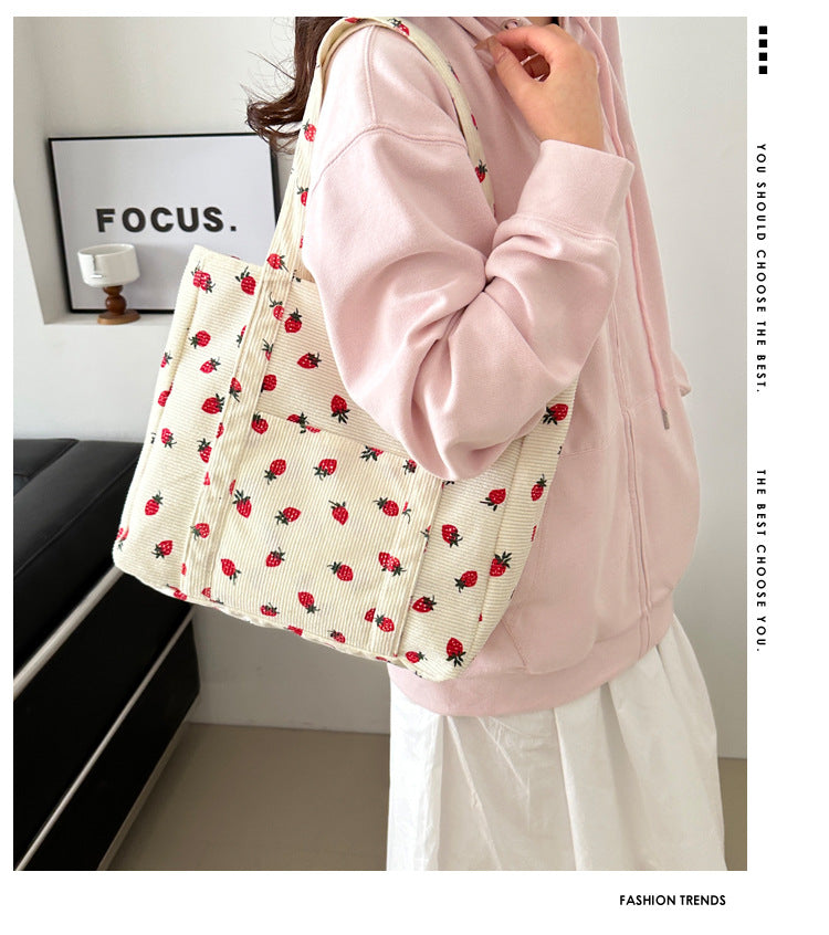 Corduroy Strawberry Print Tote Bag