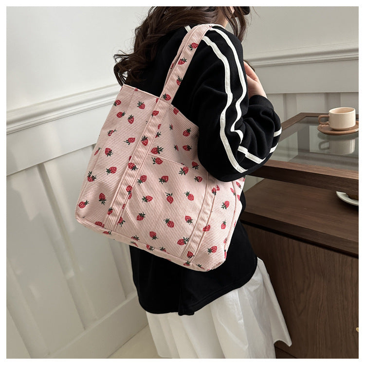 Corduroy Strawberry Print Tote Bag