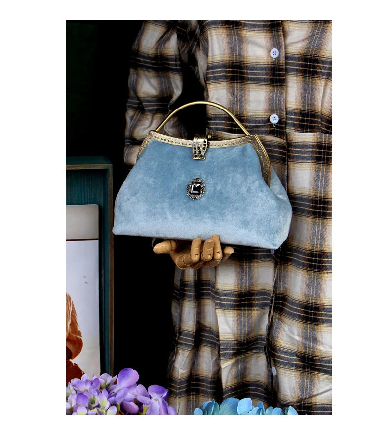 Vintage Aqua Velvet Clasp Evening Clutch Bag