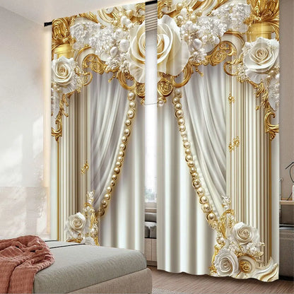 Gold & White Floral Curtains Set