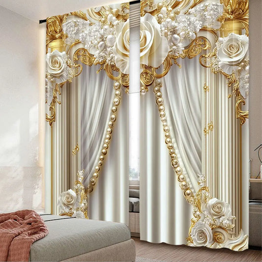 Gold & White Floral Curtains Set