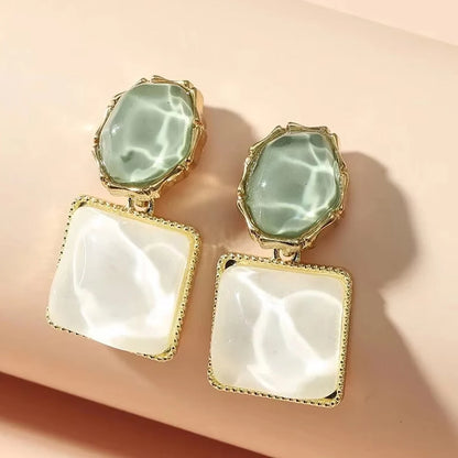 Round Square Crystal Stone Drop Earrings