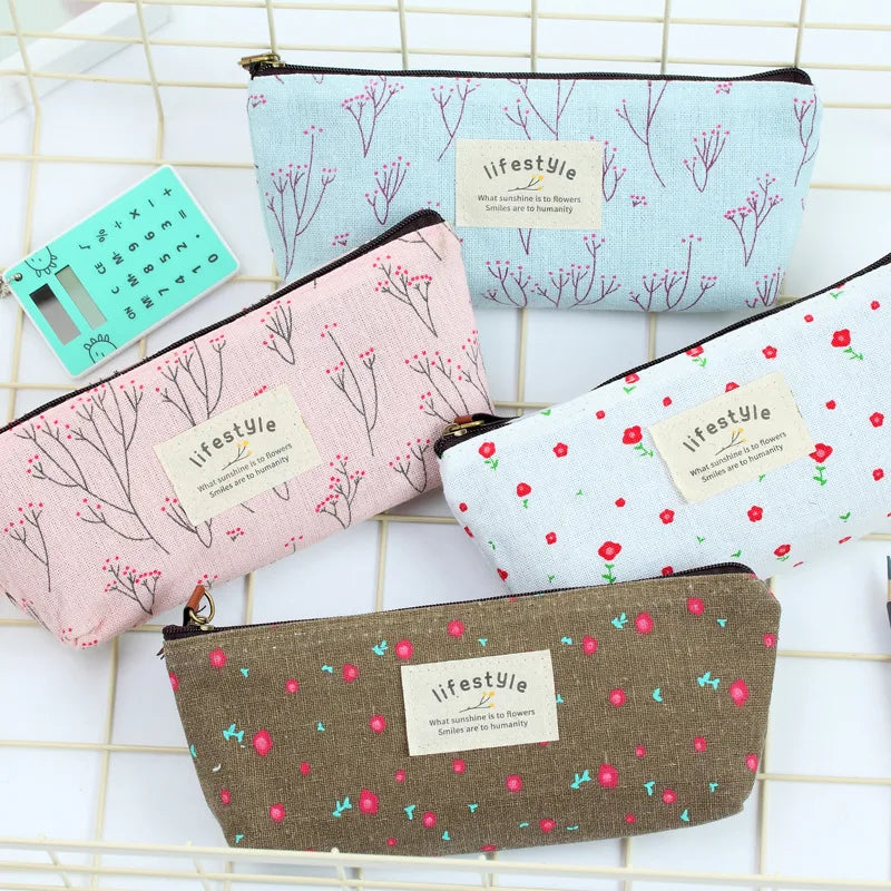 Cute Kawaii Floral Flower Canvas Zipper Pencil Case