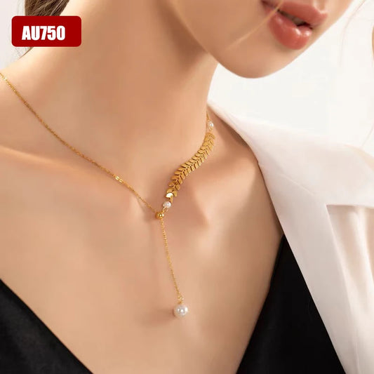 18K AU750 Gold Freshwater Pearl Wheat Ear Necklace