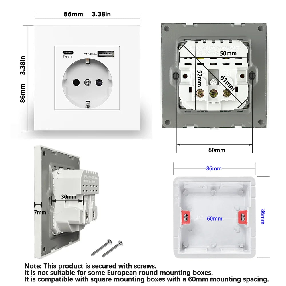 EU Type-C USB Wall Power Socket