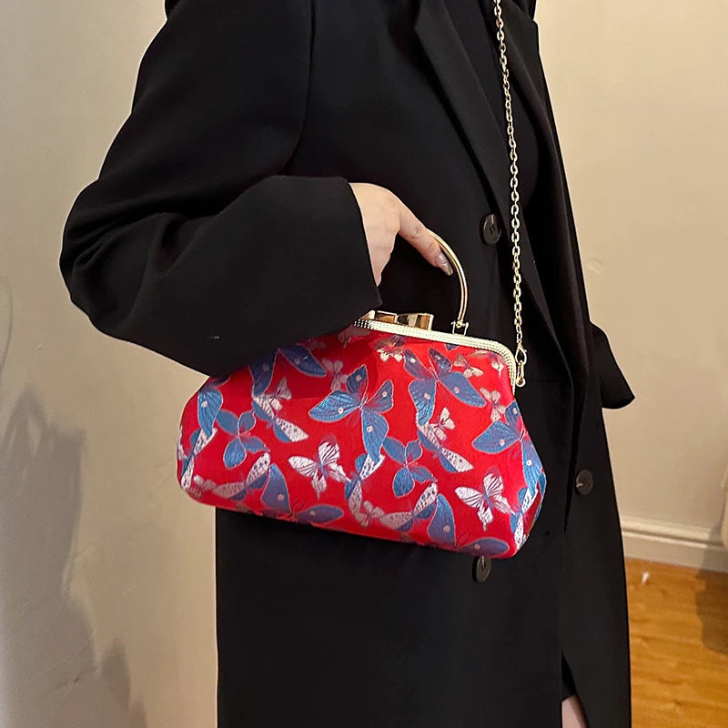 Vintage Embroidered Chain Clutch Handbag