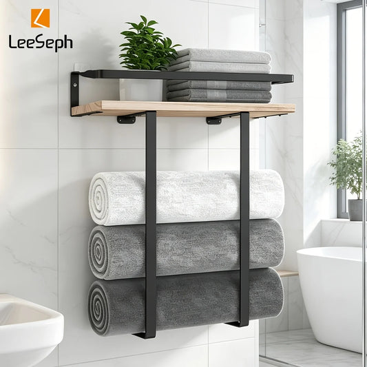 Wall-Mounted Bathroom Towel Rack with Wooden Shelf