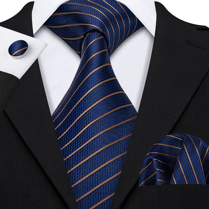 Barry Wang Jacquard Striped Silk Men's Tie Pocket Square Cufflinks Set