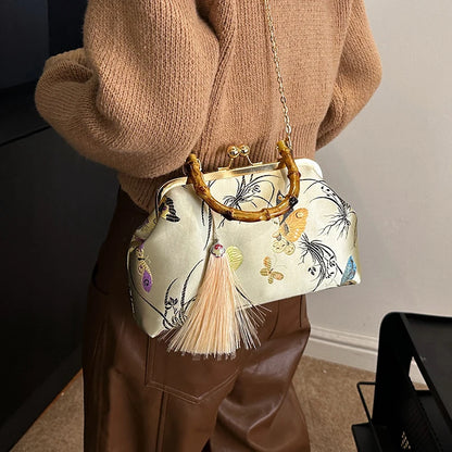 Luxury Embroidered Evening Handbag with Bamboo Handle