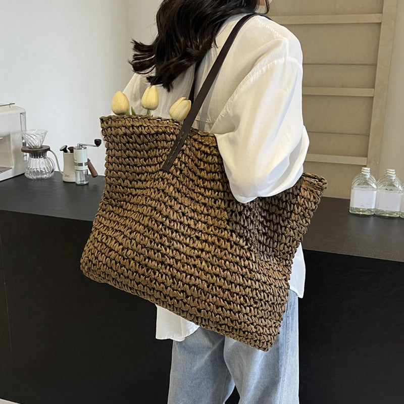 Large Woven Straw Beach Tote Bag