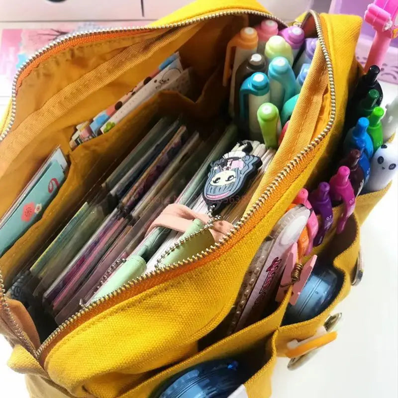 Large Capacity Canvas Pencil Case with Multi-Layer Storage