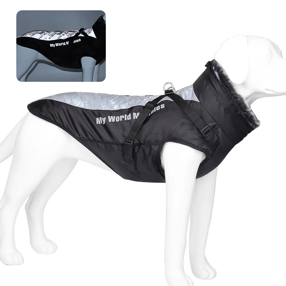 Reflective Winter Dog Coat with Faux Fur Collar for Large Dogs
