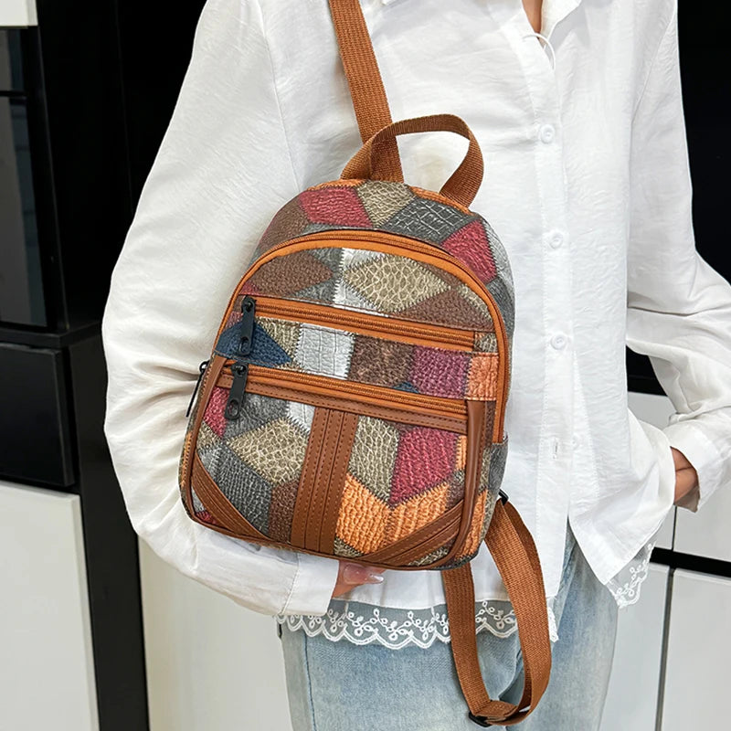 Vintage Patchwork PU Leather Casual Backpack