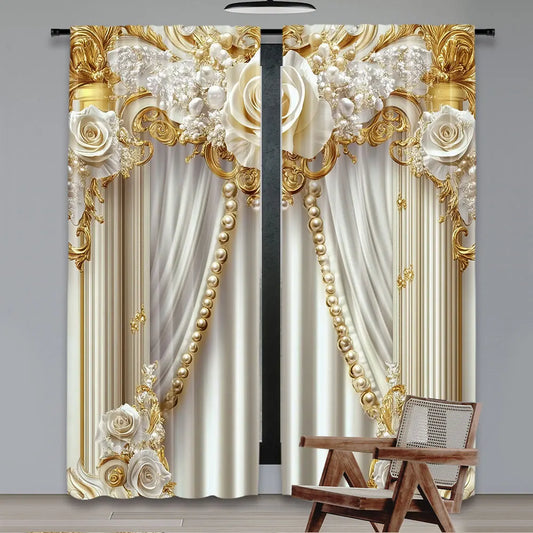 Gold & White Floral Curtains Set