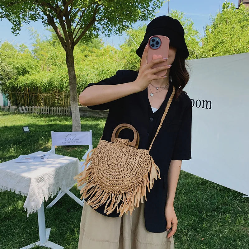 Handwoven Bohemian Straw Shopper Tote Bag