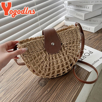 Handmade Half Moon Straw Crossbody Bag