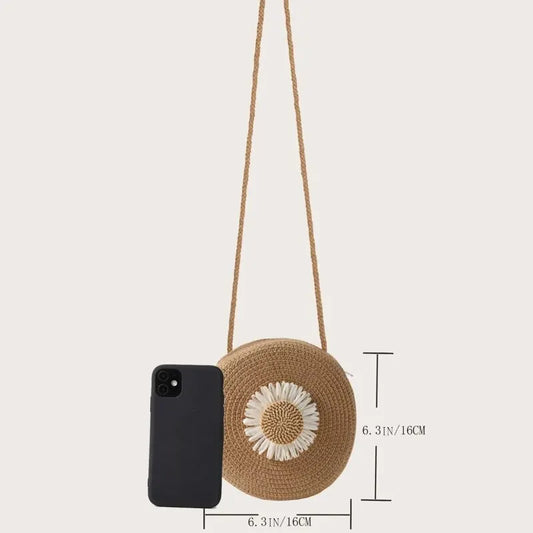Round Floral Straw Crossbody Bag