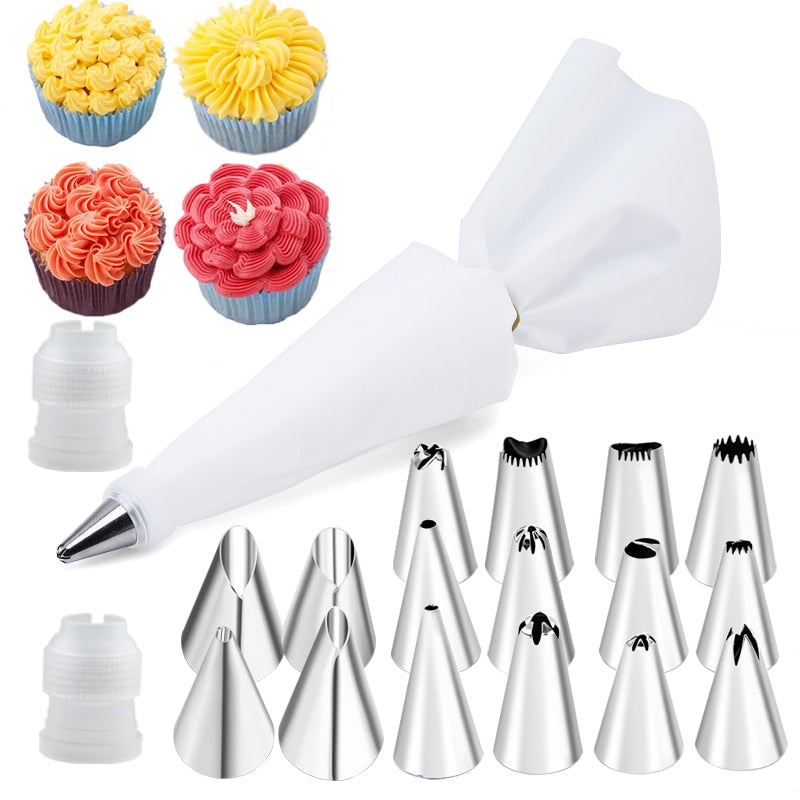 6-24 Pcs Set Pastry Bag and Stainless Steel Cake Nozzle