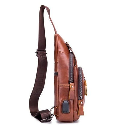 100% Cowhide Leather Casual Crossbody USB Charging Chest Bag