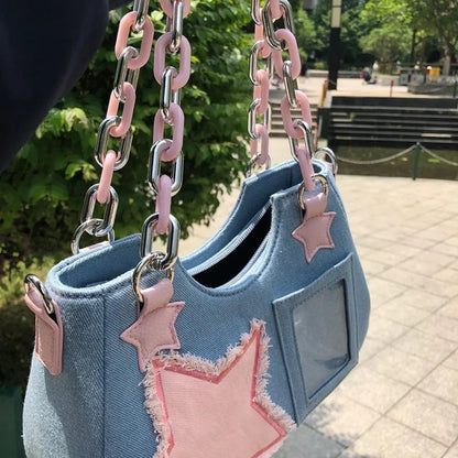 Denim Star Patch Hobo Shoulder Bag