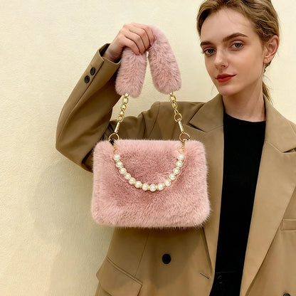 Pearl Chain Plush Shoulder Bag