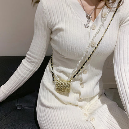 Mini Metallic Evening Box Bag with Pearl Chain