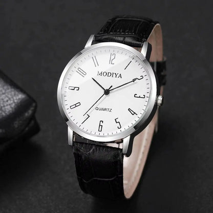 Men's Leather Strap Arabic Dial Quartz Watch Set