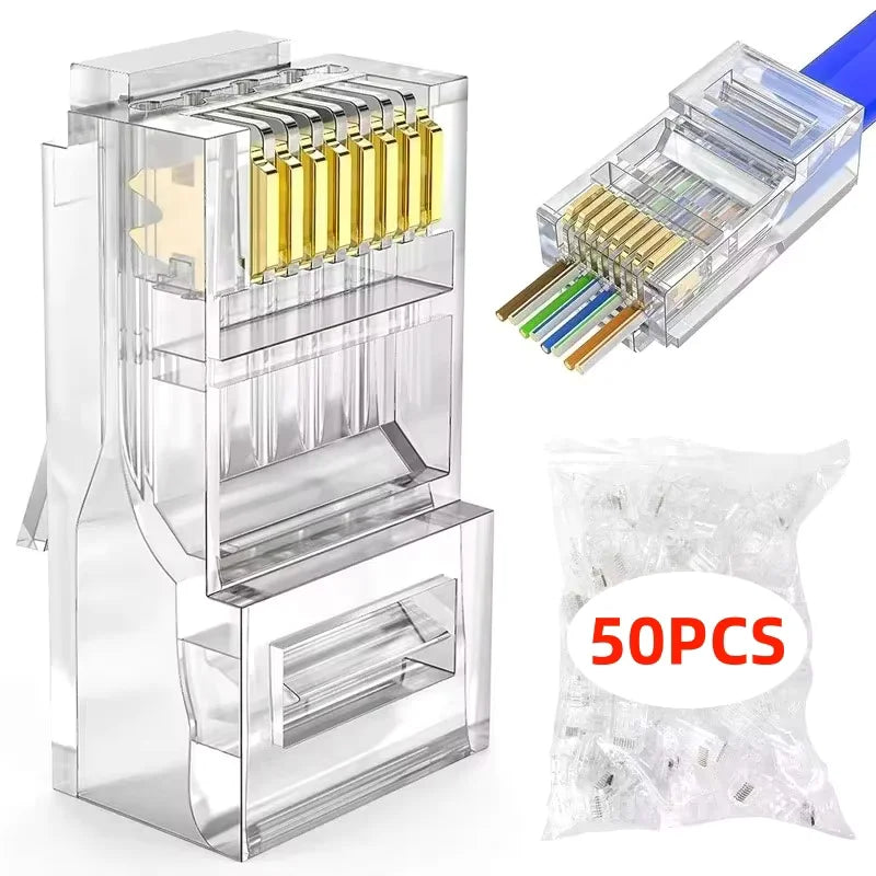 Pass-Through RJ45 Network Cable Connectors for Cat5e & Cat6 Ethernet Cables