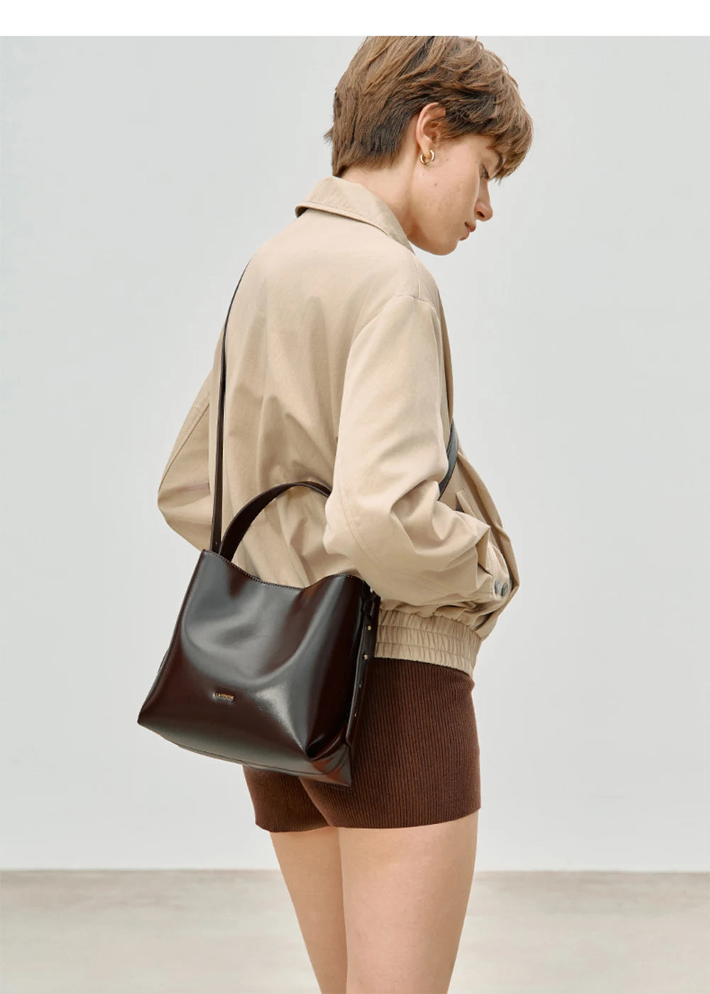 LA FESTIN Split Leather Bucket Tote Bag