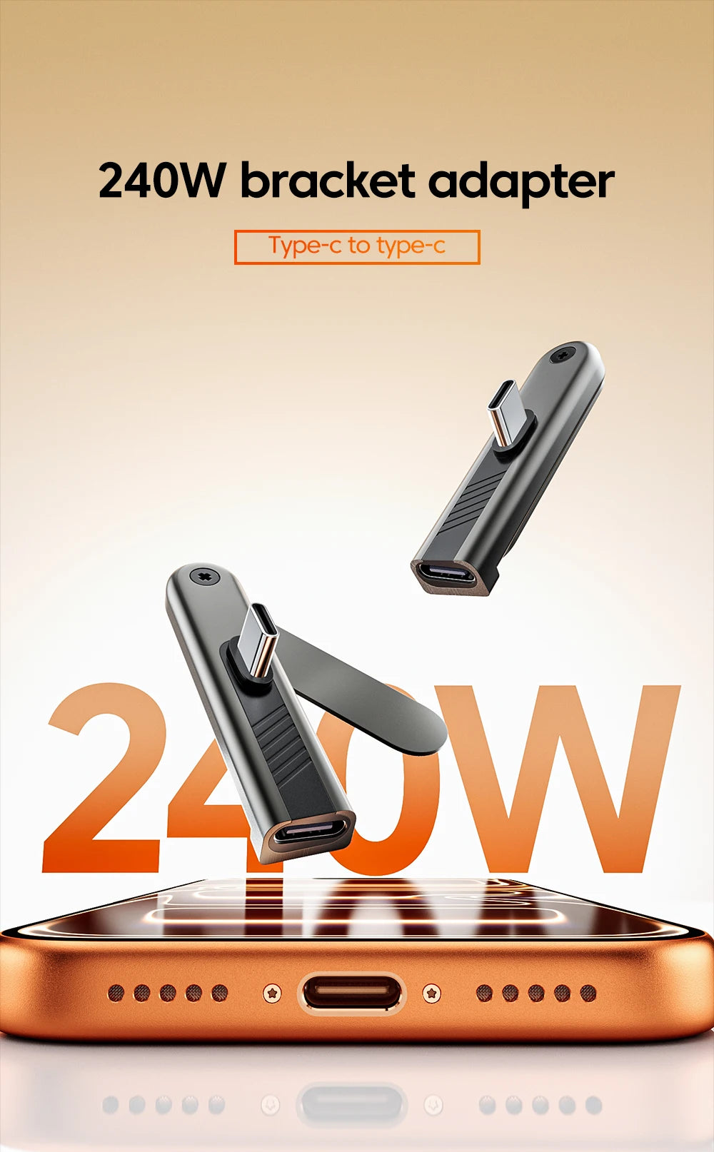 240W USB-C to USB-C Adapter with 360° Rotating Phone Stand