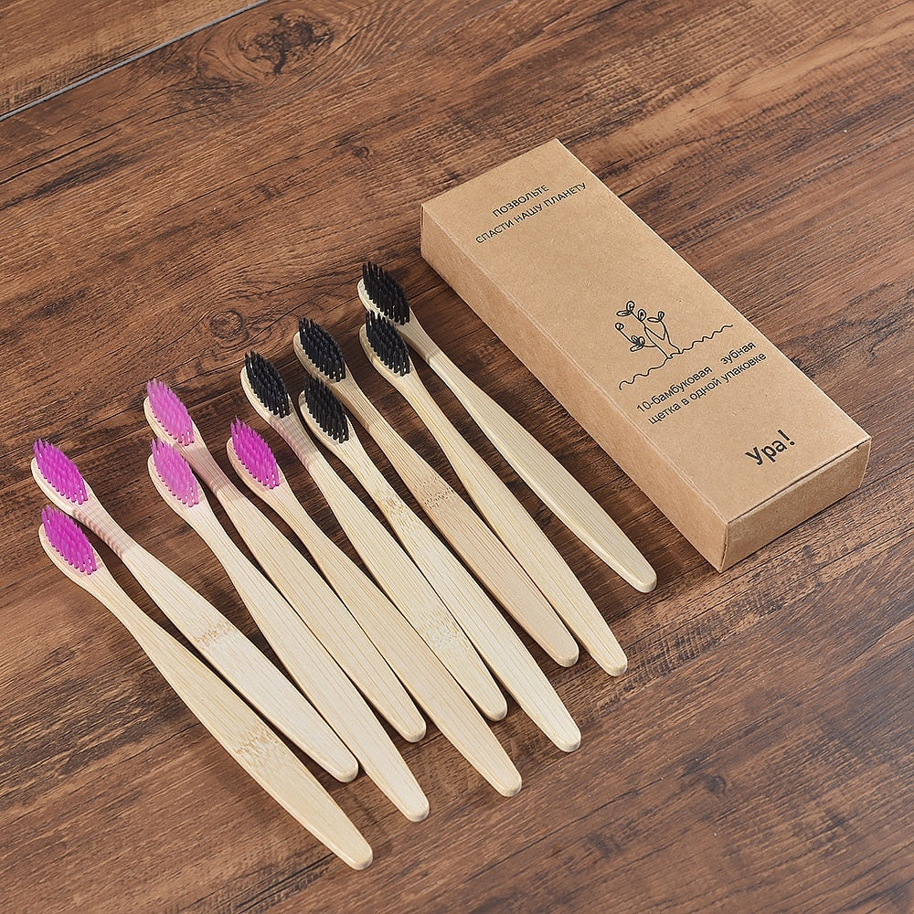 10PCS Natural Bamboo Colourful Toothbrush