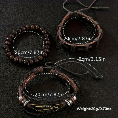 Men's Brown Leather Quartz Watch & Bracelet Gift Set
