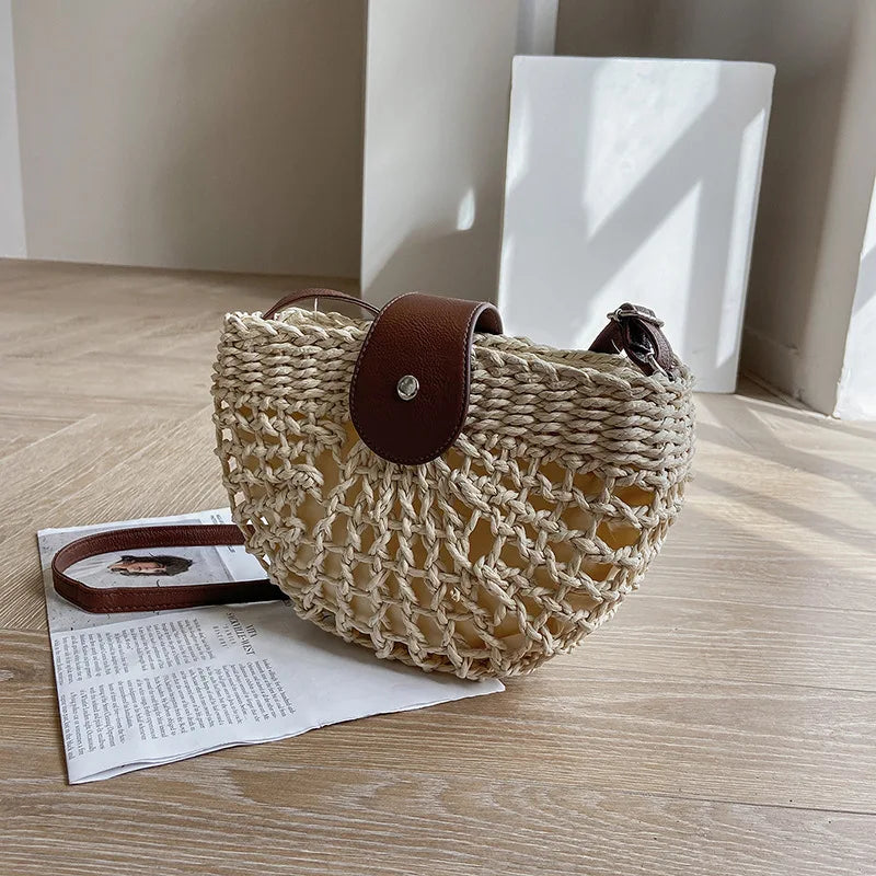 Handmade Half Moon Straw Crossbody Bag