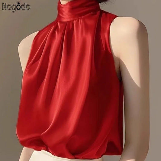 Silky Satin Sleeveless Crop Top Blouse