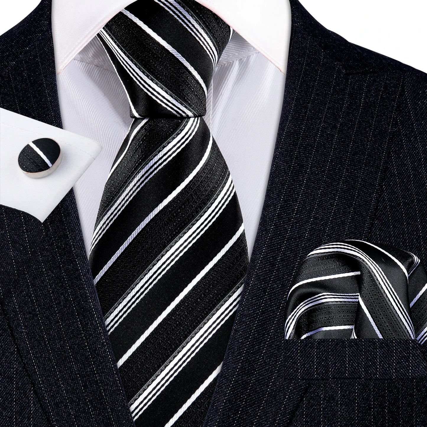 Barry Wang Jacquard Striped Silk Men's Tie Pocket Square Cufflinks Set