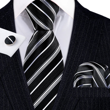 Barry Wang Jacquard Striped Silk Men's Tie Pocket Square Cufflinks Set