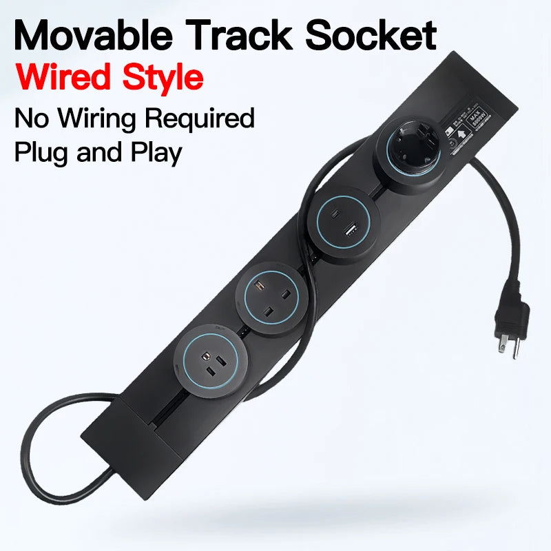Wall Power Track Socket – USB Type-C Charging & Multi-Plug Outlet